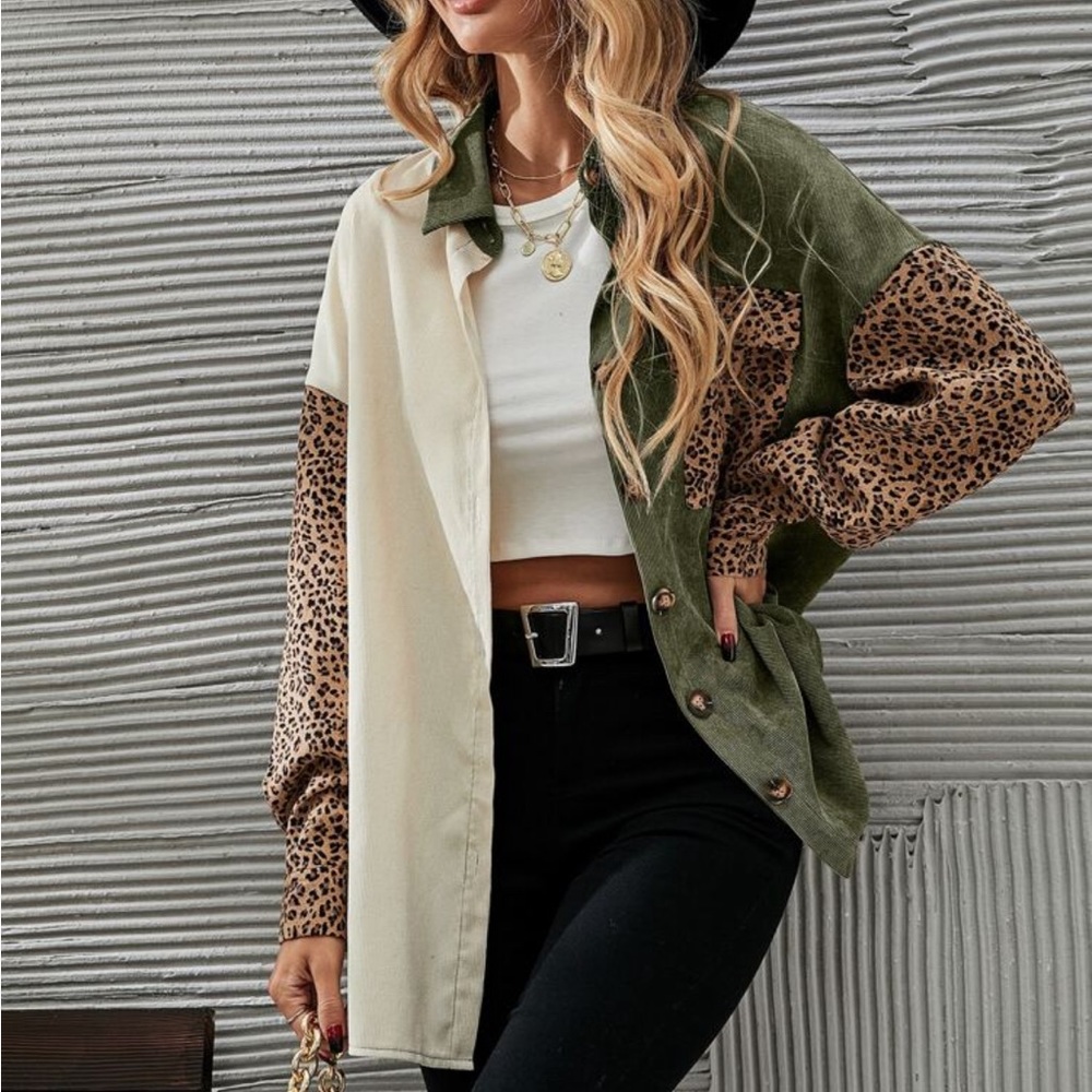 Cozy Corduroy  Oversized Relaxed fit Leopard Print Patch Work Button Down Shirt - Picture 4 of 16